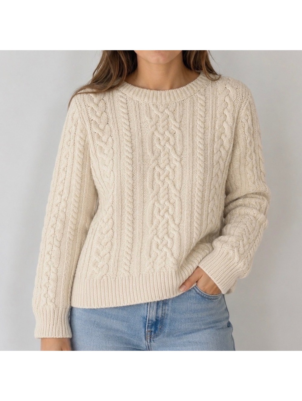 L.L. Bean Made in Ireland 100% Wool Cable Knit Fisherman Sweater Cream Large